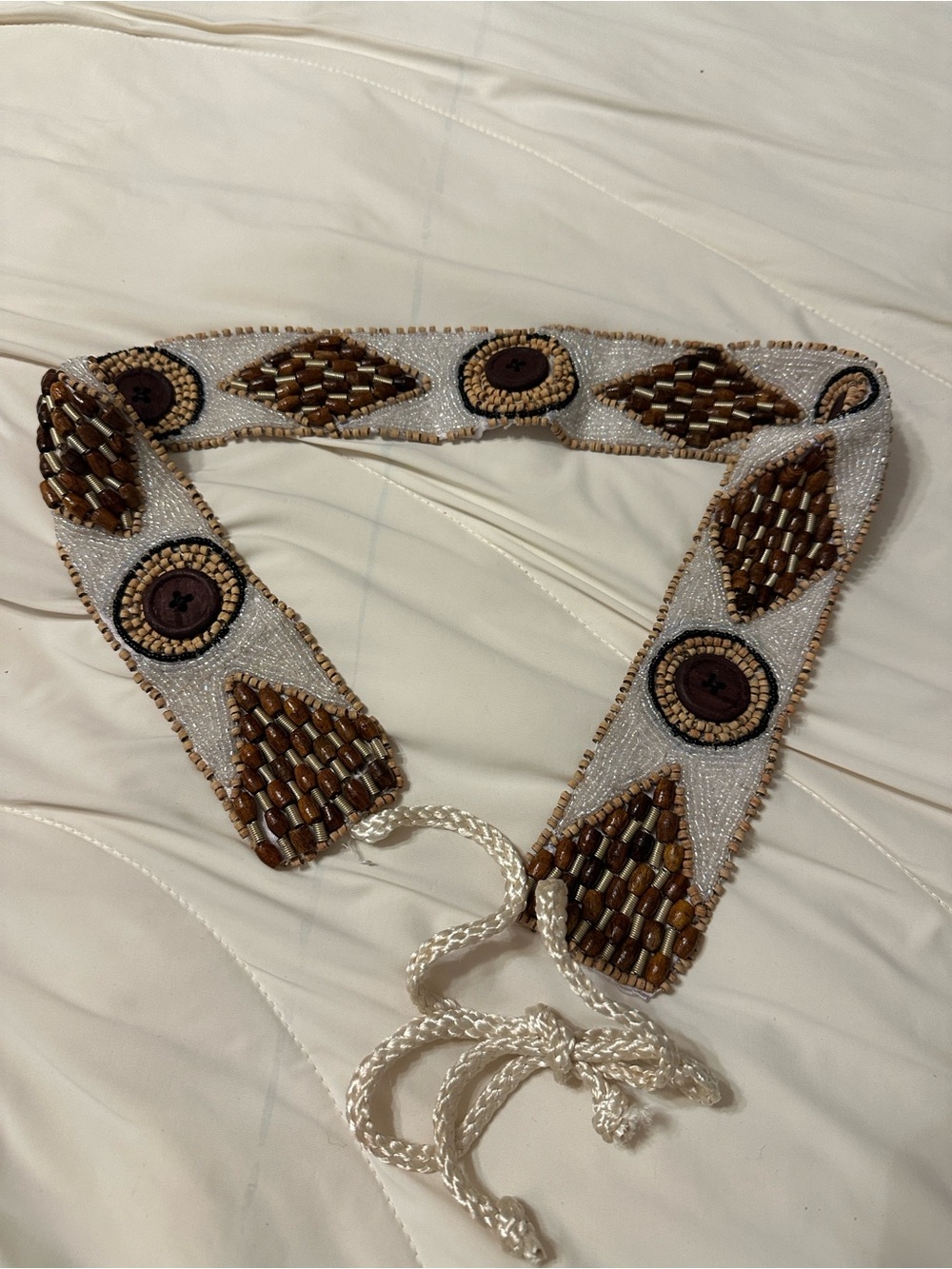 Beaded Tie-Front Waist Belt in White and Brown - New